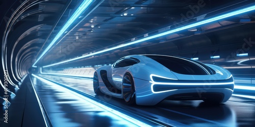 Future Vehicles In A Tunnel Without Harmful Waste  With Neon Lights.   oncept Sustainable Tunnel Transport  Neon-Lit Future Cars  Eco-Friendly Vehicle Innovation  Zero Waste Tunnel Vision