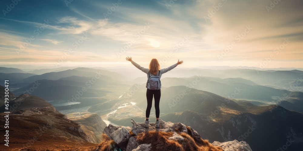 Successful Woman Reaching Her Objective With Joy Hiker Enjoys Nature On Mountain Summit. Сoncept Healthy Lifestyle, Adventure Travel, Goal Achievement, Nature Exploration, Mountain Summit - obrazy, fototapety, plakaty 