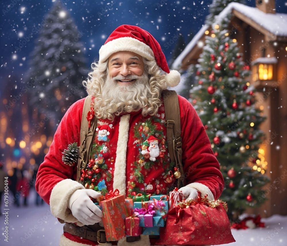 Christmas, holidays, generation and people concept - smiling man in costume of Santa Claus with gift box over snowy street Christmas, holidays, generation and people concept - smiling man in costume of Santa Claus with gift box over snowy street