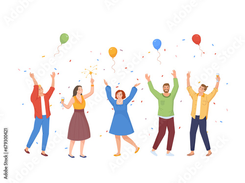 Friends celebrating event. People dancing and toasting celebrates holiday party with balloons confetti, cheers congratulations, png illustration
