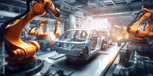 Robotic Assembly Line In Automotive Factory. Сoncept Ai In Healthcare, Sustainable Fashion, Virtual Reality Gaming, Future Of Space Exploration, Renewable Energy Technologies