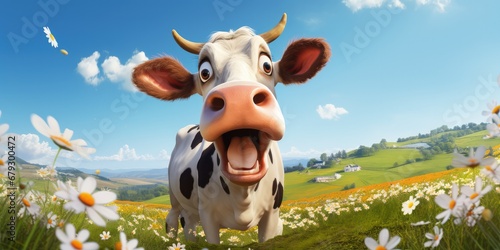 Surprised Cow In Sunny Meadow