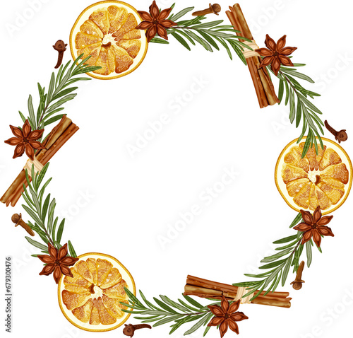 Christmas wreath, frame with dried orange, rosemary, cinnamon, anise and cloves. Aroma decoration.