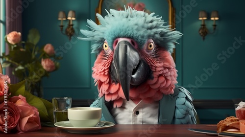 Parrot bird dressed as a human sitting at a desk. Made with Generative AI.