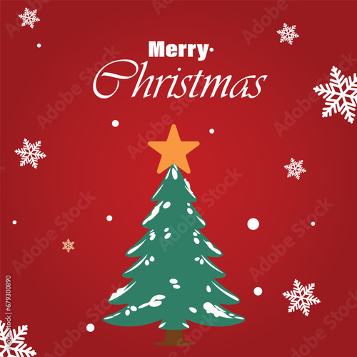 Merry Christmas vector illustration with Xmas tree and snow flakes 