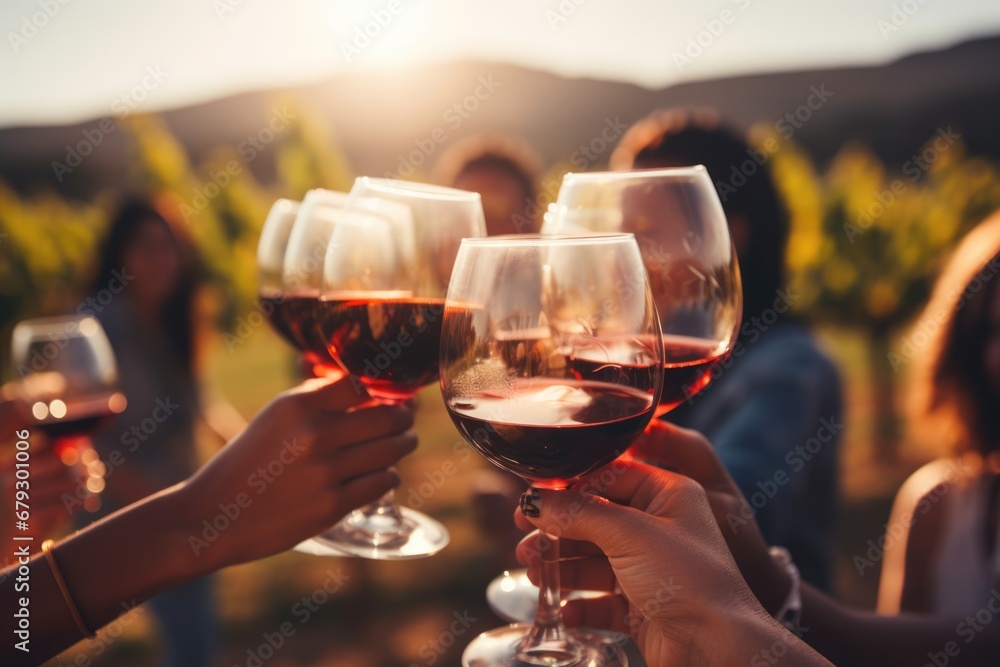 Group of friends gathering for wine tasting in countryside vineyard in summer harvesting season cheering and toasting with friendship comeliness