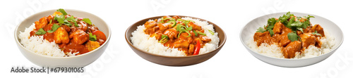 Delicious Indian curry with rice in a bowl, set, isolated
