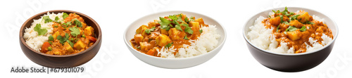 Mouthwatering Indian curry with rice in a bowl, set, isolated or white background