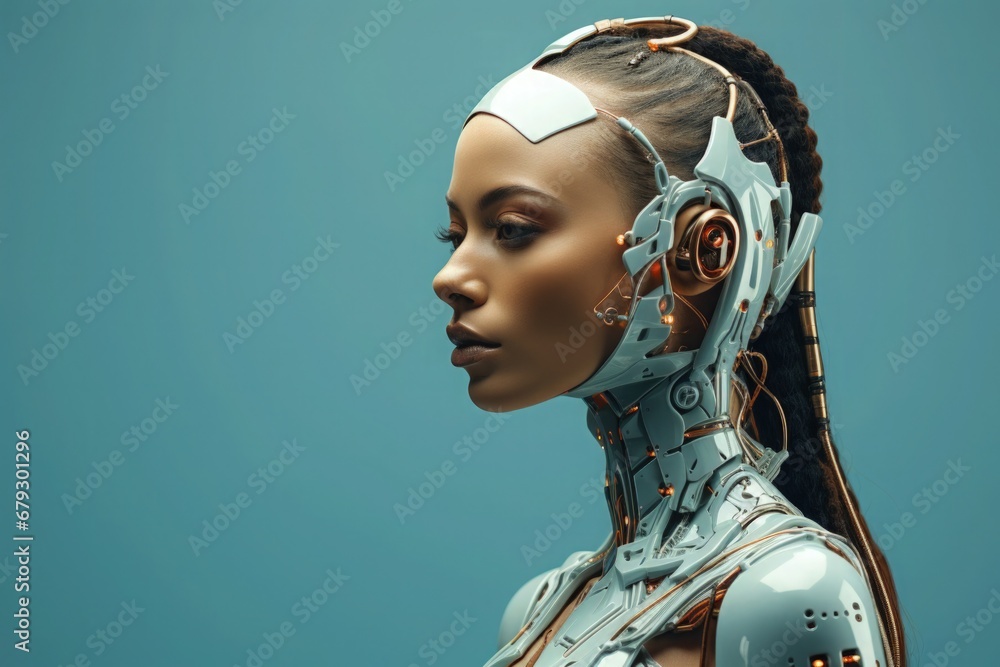 Artificial General Intelligence AI Woman Female Humanoid Robot Human Computer Hybrid Interaction Advanced Technology Solid Color Background - obrazy, fototapety, plakaty 