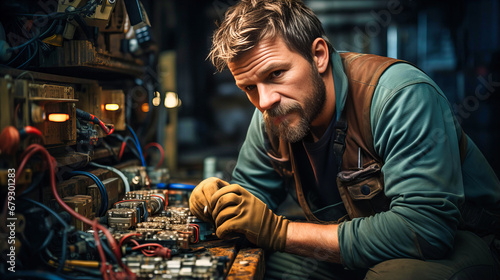 Expert Technician, Male Electrician at Work in Digital Industry