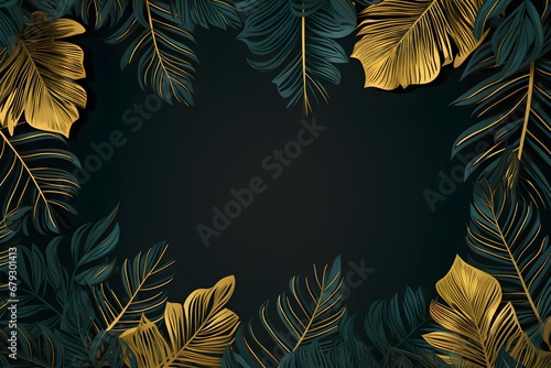 Tropical leaves frame with black background for invitation and wedding