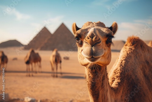 Happy Camel visiting Pyramids in Giza Egypt Desert Smiling Vacation Travel Cultural Historical Heritage Monument Taking Selfie