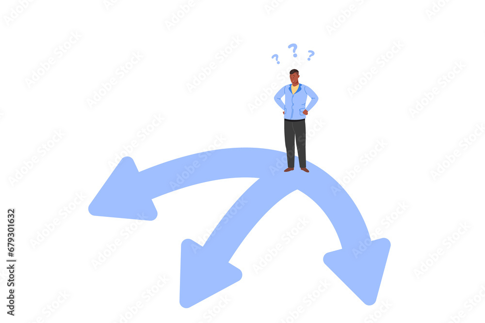 Man at crossroads. Choice road or path, uncertainty business decision, change life and job way, confusing work, png illustration
