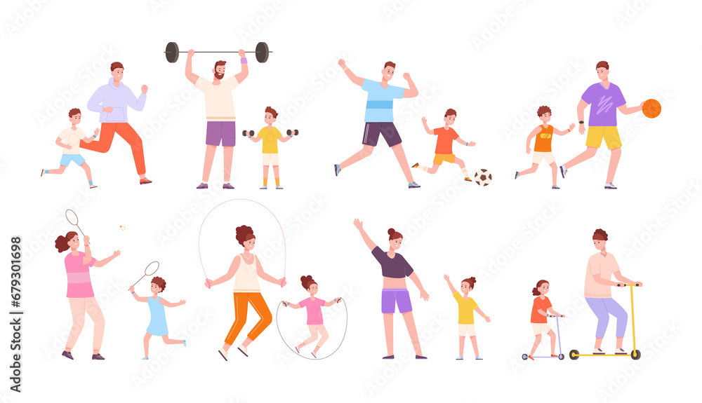 Parents fitness sports. Family practicing sportive exercise gym, parent children sport activities, fit training workout practice, healthy diet, cartoon splendid png illustration