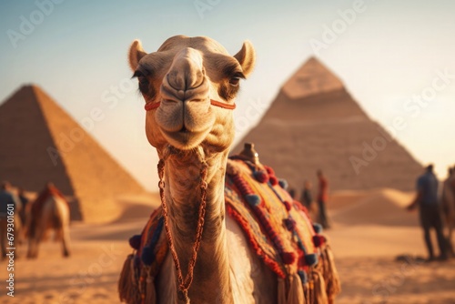 Happy Camel visiting Pyramids in Giza Egypt Desert Smiling Vacation Travel Cultural Historical Heritage Monument Taking Selfie photo