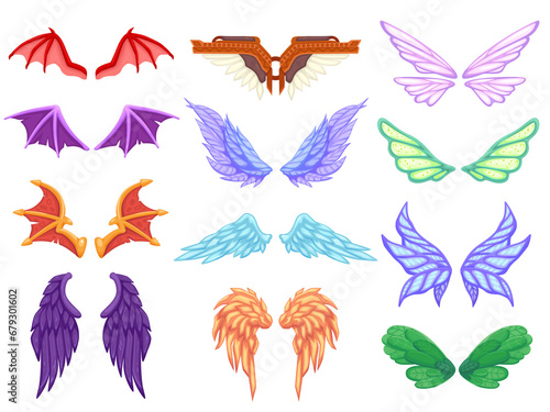 Cartoon dragon wings. Angel devil dragon bat fairy tail mythical monster pegasus unicorn fantasy animal cute wing collection, fly winged creature set icon utter png illustration