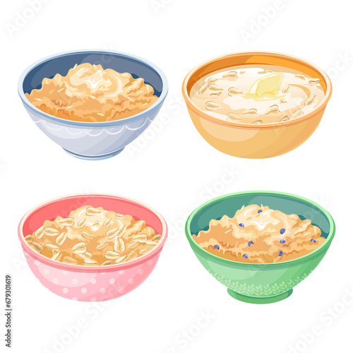 Cartoon Oats bowl. Breakfast oatmeal with granola, fibers flake in milk porridge, cereal meal, fiber oat flakes muesli, cup boiled cereals rye, isolated tidy png illustration