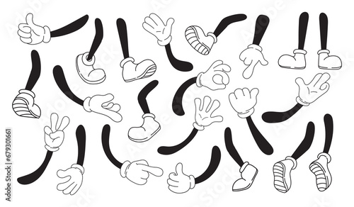 Fototapeta Naklejka Na Ścianę i Meble -  Mascot pairings in gloves. Pair cartoon hands and legs comic vintage character, arm white glove feet shoe sneaker, doodle object ok gesture hand, isolated neat png illustration