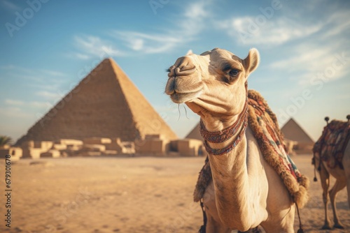 Happy Camel visiting Pyramids in Giza Egypt Desert Smiling Vacation Travel Cultural Historical Heritage Monument Taking Selfie photo