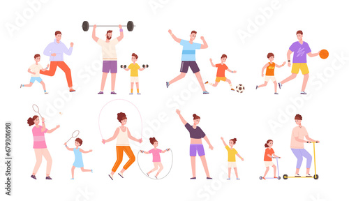 Parents fitness sports. Family practicing sportive exercise gym, parent children sport activities, fit training workout practice, healthy diet, cartoon splendid png illustration