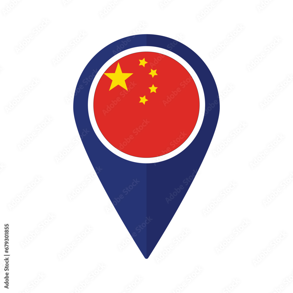 Flag of China flag on map pinpoint icon isolated blue color Flag of China flag on map pinpoint icon isolated blue color