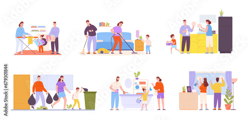 Family housework. Helpful kids help parents cleaning house  child helping home routine laundry bathroom closet kitchen  happy kid with vacuum or mop  splendid png illustration
