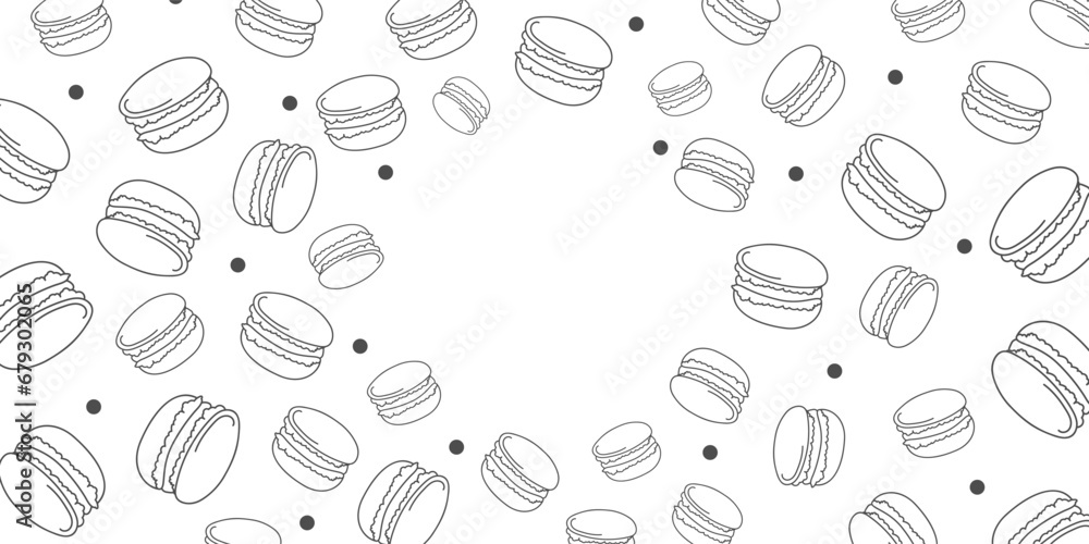 Vector illustration. Contour pattern. Cakes, donuts, croissants, macarons in sketch style. Hand drawn food elements. Desserts and sweets food doodle background with copy space for text. Vector illustration. Contour pattern. Cakes, donuts, croissants, macarons in sketch style. Hand drawn food elements. Desserts and sweets food doodle background with copy space for text.