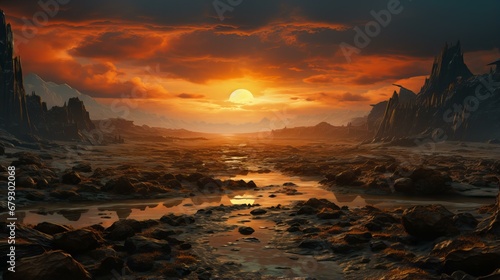 Fantasy Martian Seascape Landscape. Sunset, Rocks, and Imagined Exploration of an Alien Coast