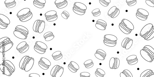 Vector illustration. Contour pattern. Cakes, donuts, croissants, macarons in sketch style. Hand drawn food elements. Desserts and sweets food doodle background with copy space for text.