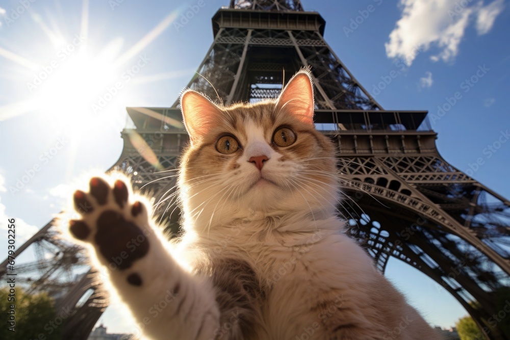 Cat in front of the Eiffel Tower Paris France looking forward to Paris ...