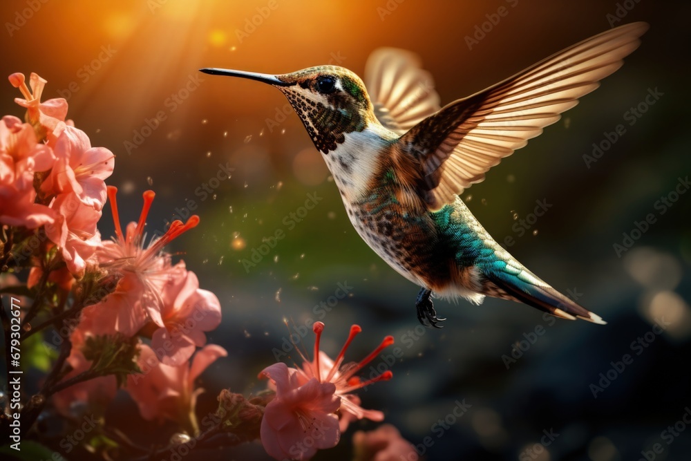 Fototapeta premium Beautiful Hummingbird Feeding on Flowers and Flying on Plain Background