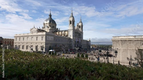 Exterior of the great Almudena Cathedral, a tourist spot in the capital of Spain, Madrid. photo