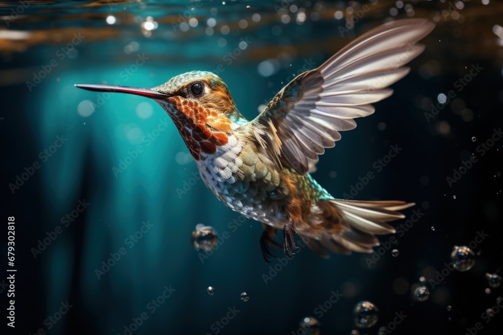 Fototapeta premium Beautiful Hummingbird Swimming and Flying Under Water Impossible Scenes by AI