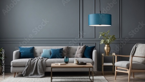 Beautiful Interior Design. A trendy color scheme for your interior includes a blue lampshade and a table lamp with a glass element. Ai Generative photo