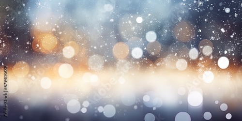 blue christmas background with frost and snowflakes and lots of out of focus bokeh with room for text.