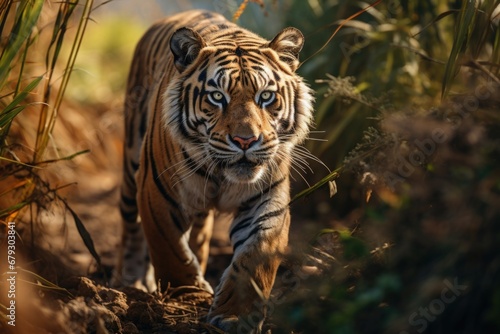 A Tiger in Bush Forest Habitats Trees Wildlife Endangered Species Animals Environmental Protection Conservation Nature Reserve 