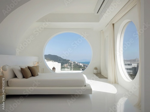 Futuristic Modern White Room with Circular Round Windows Mountain and Sea View Post Modern Interior Home Design Double Bed Spacious Apartment Bedroom Vacation Morning Sunlight Simplistic Minimalistic