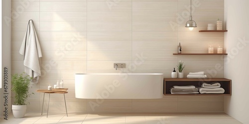 Cream light ceramic wall chequered and floor tiles mosaic background in bathroom photo