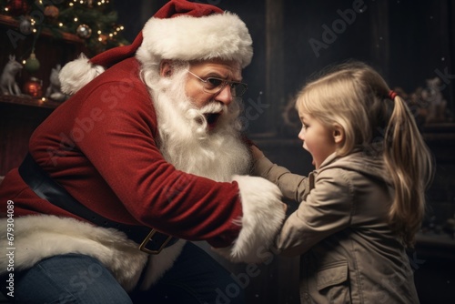 Santa Claus Daddy Got Caught by his Daughter Children Child Little Girl Merry Christmas Funny Picture