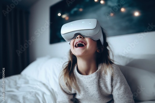 Happy Little Girl using VR Glasses Headset Immersed in Virtual Reality Metaverse Fun Learning Children Education Bedtime Story Parenting Future Technology Unlimited Imagination