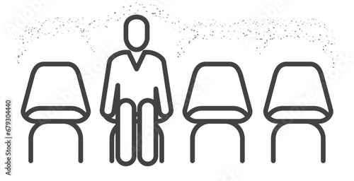 Waiting room icon, row of chairs and sitting man, queue concept, vector