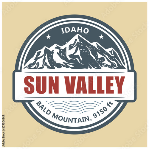 Sun Valley abstract emblem, Idaho stamp with snow covered mountains peaks, vector