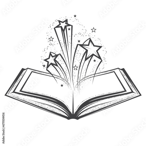 Open magic book with splattering stars, fairytale sorcery and mystic spells, vector