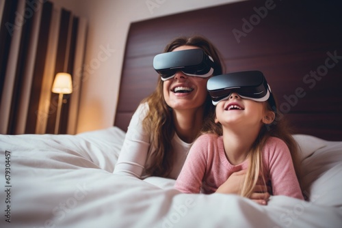 Happy Little Girl and Mom using VR Glasses Headset Immersed in Virtual Reality Metaverse Fun Learning Children Education Bedtime Story Parenting Future Technology Unlimited Imagination