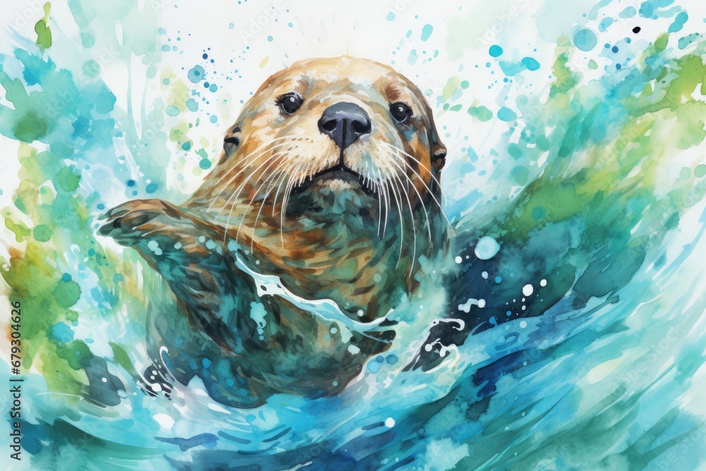 Fototapeta premium A playful otter floating on its back, with a watercolor background featuring shades of blue and green to create the illusion of water