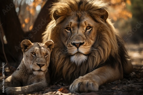 Male Lion and Lioness in Desert Habitat Trees Wildlife Endangered Species Animals Environmental Protection Conservation Nature Reserve 
