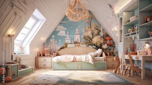 Childrens room in a fantasy style. Childrens room with furniture.