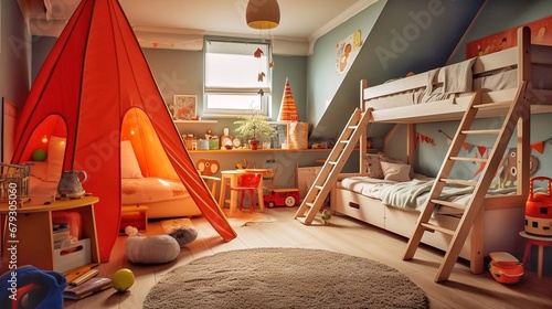 Interior of a children's room with a red tent and toys