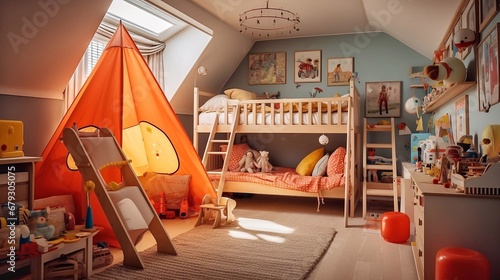 Interior of a children's room with a bunk wooden bed and a tent photo