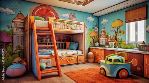A picturesque children's room with a toy car and a bunk bed.